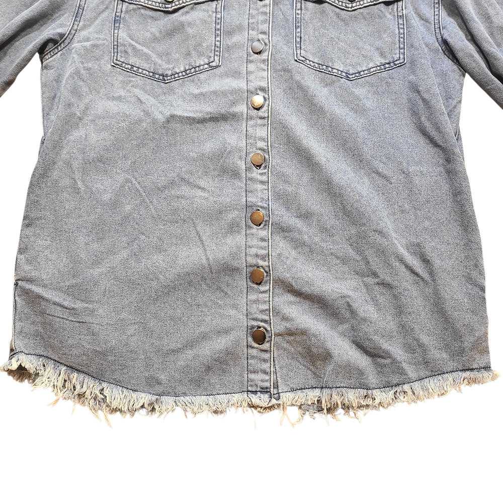 Oversized Denim Shacket Button Down Raw Hem Long … - image 6